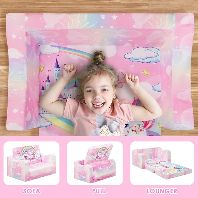 alldomess Comfy Kids Couch, 2-in-1 Folding Kids Sofa Bed for Toddler Girls, Convertible Sofa to Lounger Toddler Couch Chair for Baby Bedroom Playroom Nursery,Unicorn Rainbow
