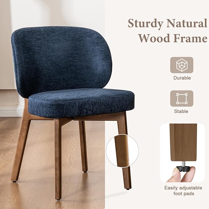 YOUNUOKE Upholstered Dining Chairs Set of 6, Modern Chenille Fabric Dining Room Chair with Wood Legs, Widen Backrest Comfy Armless Side Kitchen Chairs, Blue