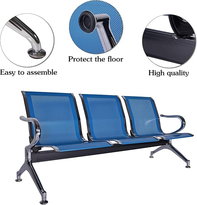 Kinsuite 3-Seat Reception Chairs - Waiting Room Chairs with Arms & Stainless Steel Frame, Waiting Room Bench Lobby Chairs for Office Airport Bank Hospital, Blue