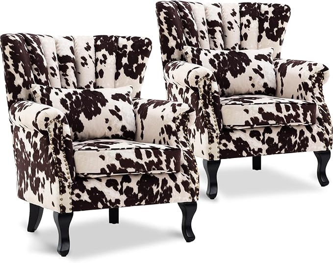 LZAREAL Accent Reading Arm Chairs Set of 2 for Living Room Bedroom, Midcentury Modern Comfy Corner Sofa Chair, Wingback Waiting Room Club Chair with Button Tufted Back &Lumbar Pillow, Fabric Cow