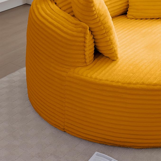 53"W Oversized Round Chaise Longue Chair Indoor,Corduroy Fluffy Comfy Cloud Chair,Circle Bean Bag Sofa with Foam Filling & Pillows,Boneless Reading Cozy Sofa Chairs for Living Room,Bedroom,Yellow