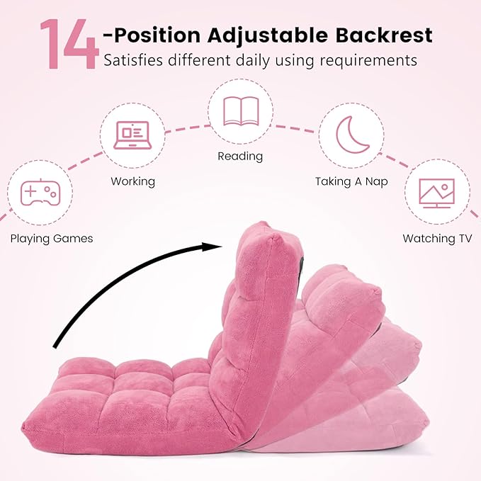 Floor Chair with Back Support, Foldling Gaming Sofa Chair with Comfy Cushion, Adjustable 14-Position Meditation Chairs, Lazy Lounge Recliner Reading Seat for Adults, Kids (Pink)