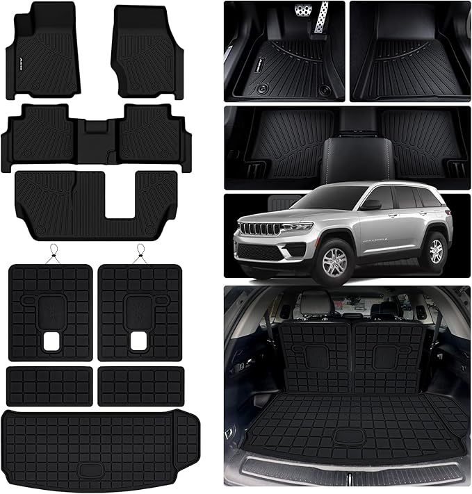 Floor Mats for 2021-2025 Jeep Grand Cherokee L 7 Seats (2nd Row Bench Seats) & Cargo Mat & Backrest Mat,TPE All Weather Protection Car Mats 2nd & 3rd Row Covering The Backrest Accessories