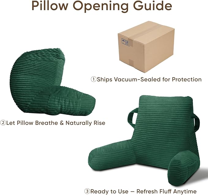ABROLOY Reading Pillow for Sitting in Bed Adult, Bed Reading Pillow with Shredded Memory Foam, Back Pillow for Sitting with Arms and Pockets, Green