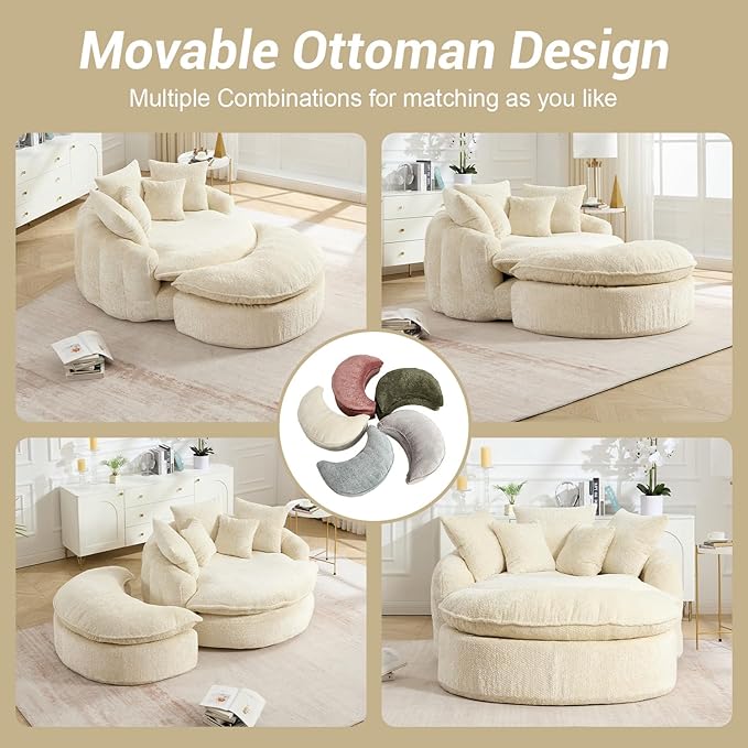 54" Oversized Round Chaise Lounge Indoor Boneless Bean Bag Chair with Movable Ottoman Fluffy Comfy Reading Chair Large Circle Cloud Couch Sleeper Sofa Bed for Living Room, Bedroom, Apartment, Beige