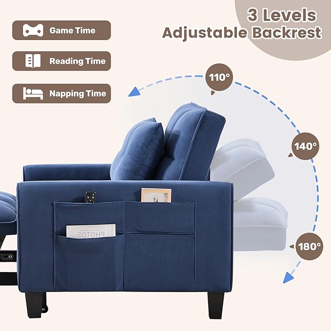 choairy Convertible Sleeper Chair, 3 in 1 Sleeper Chair Bed Pull Out Sofa Bed Chair, Single Sofa Bed Adjustable Backrest Chairs Bed Sleeper for Adults Reading Living Room, Bedroom, Velvet Blue