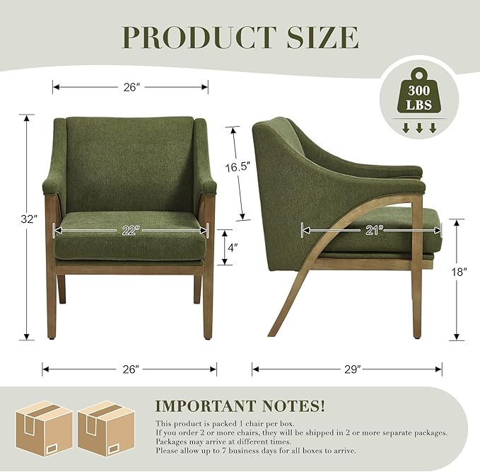 CIMOTA Mid Century Modern Accent Chairs Set of 2 with Barrel Back, Upholstered Armchair Comfy Reading Chairs with High-Rebound Foam Seat, Solid Wood Legs for Living Room/Bedroom, Linen Fabric, Green