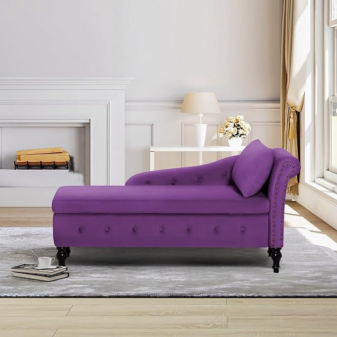 ACMEASE Upholstered Chaise Lounge with Right Armrest & Lumbar Pillow,Button Tufted Lounge Sofa with Storage,Lounge Chair Indoor,Modern Velvet Lounge Chair for Bedroom, Living Room and Office,Purpel