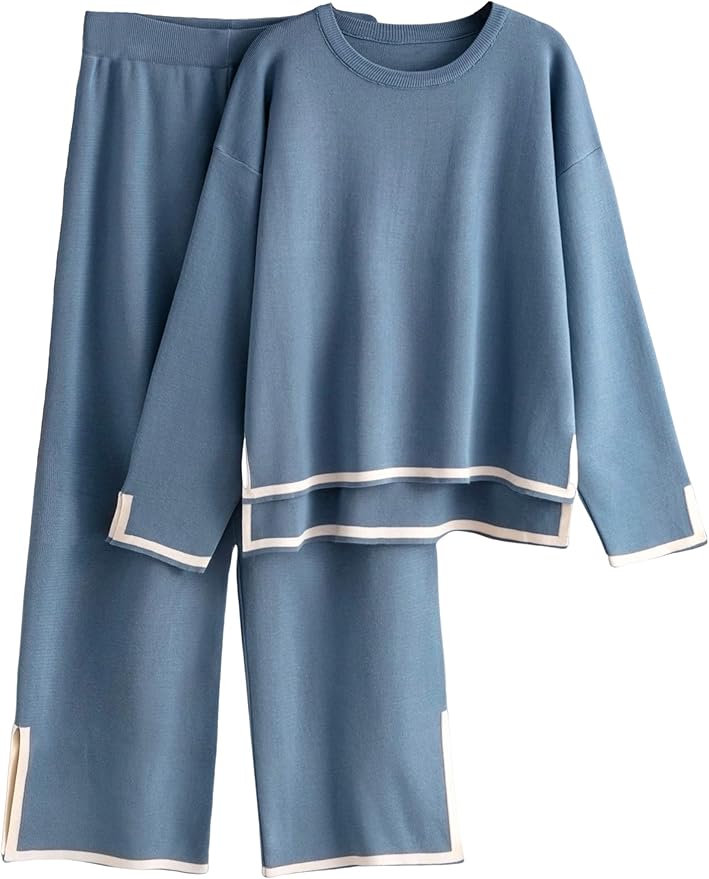 Tanming Women's 2 Piece Outfits Long Sleeve Knit Sweater Top Wide Leg Pants Lounge Sets Tracksuits