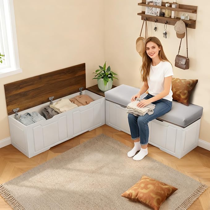 L-Shape Corner Bench with Hidden Storage, Shoe Benches with Cushion,63”Kitchen Corner Nook Bench Seating& Entryway Shoe Bench,Space-Saving Wood Corner Bench for Small Spaces,White, 63"*63"*17.7"