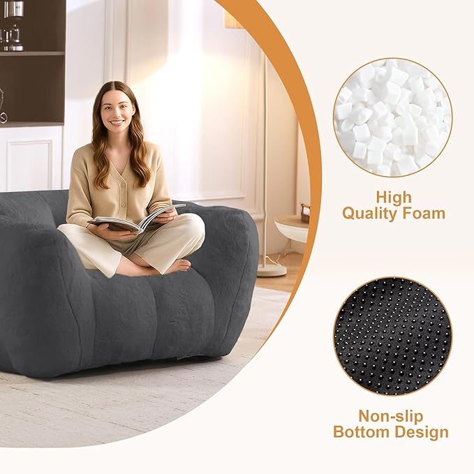Giant Bean Bag Chair, Bean Bag Chairs for Adults Kids, Oversized Plush Bean Bag Couch with Armrest, Large Chair with Filler, Stuffed Accent Chair Lounge Floor Sofa for Gaming, Reading, Grey