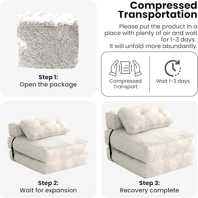 tantohom Folding Sofa Bed, Convertible Sleeper Chair with Pillow Foldable Mattress with Back Support,Space-Saving Sofa for Living Room,Bedroom (White)
