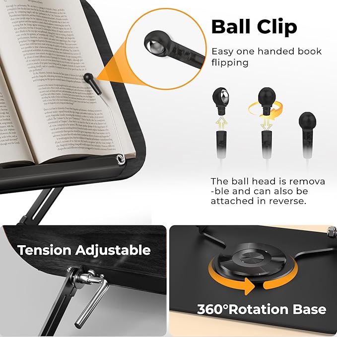 SupeDesk Book Stand for Reading, Adjustable Book Holder with 360° Rotating Bases, Foldable Designs, and Elastic Clips, Multifunctional Display Stand for Recipe, Cookbooks, Magazines, Tablets (Black)
