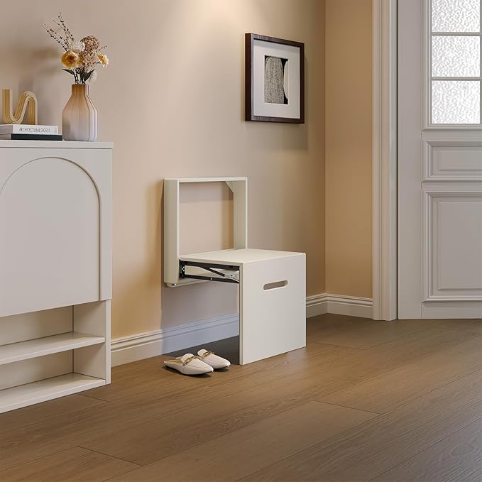 17.55“W Wall Mounted Folding Chair Solid Step Stools,Shoe Changing Stool,Door Shoe Footstool,Folding Hang Balcony Living Stool,Space Saving Hidden Wall Stools,Entryway Seat,Tea White
