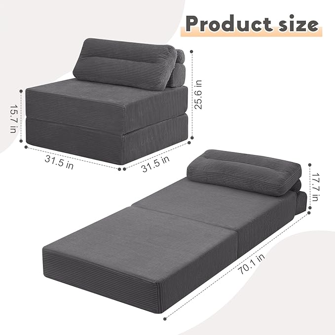 MeMoreCool Folding Sofa Bed Single – Convertible Sleeper Chair & Fold-Out Floor Lounge, Dark Grey Corded Fabric, Includes Headrest & Lumbar Pillow