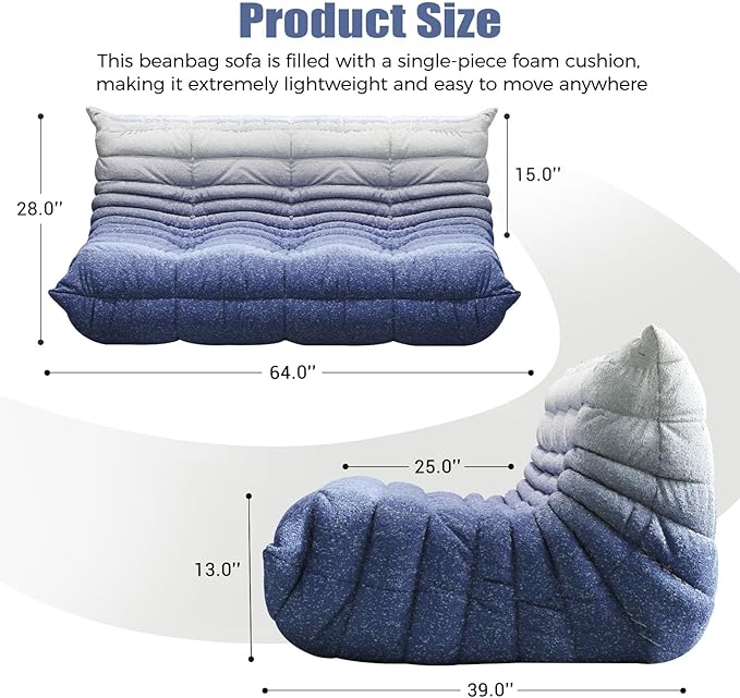 Selyteramy 3 Seat Oversized Bean Bag Chairs for Adults, Memory Foam Fireside Beanbag Couch, Comfy Bean Bag Lounger Lazy Sofa for Living Room, Bedroom, Playroom, White + Blue