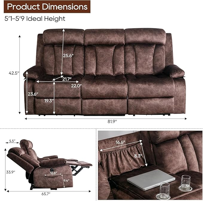 GUEAPY Reclining Sofa-Power Recliner Sofa with Heat and Massage,Recliner Sofa with Drop Down Table,Reclining Couch 3 Seater for Living Room,Home Theater Seating with Cup Holders,USB & Type-C Ports