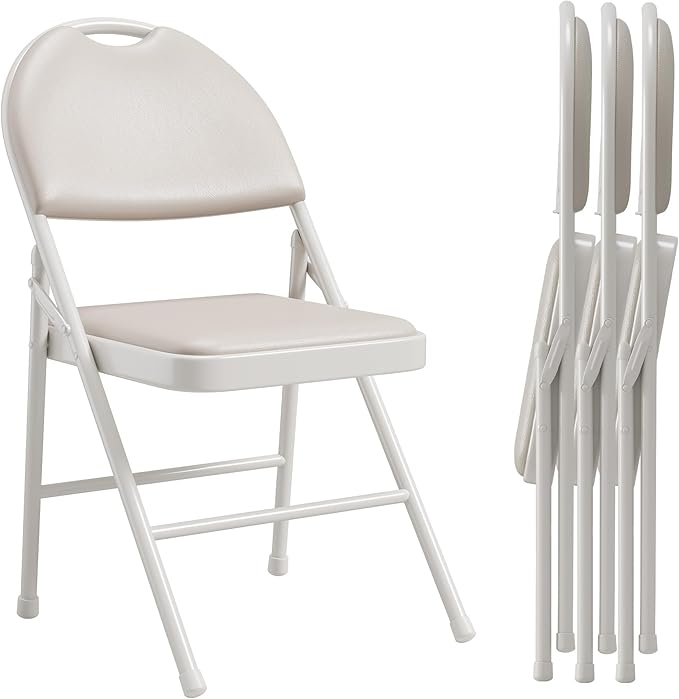 GAOMON 4 Pack Folding Card Chairs, Thickened Padded PU Cushion, Metal Legs and Non-Slip Feet Pads, Portable Stackable Commercial Seat for Events, Office, Wedding, Party, Beige