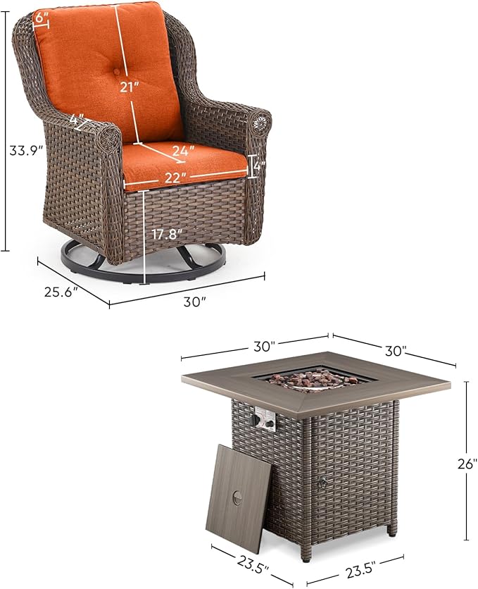 ACTREST Outdoor Patio Swivel Gliders with Fire Pit Table 5 Piece Set - High Back Brown Wicker Rattan Rocking Chair with Thick Cushion for Porch Apartment Deck Yard Poolside Garden - Orange