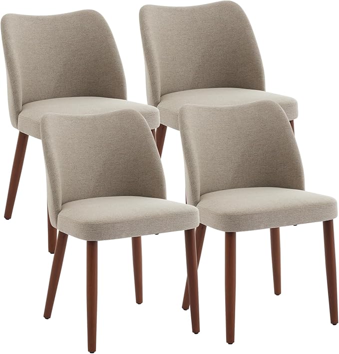 ElfinAura Dining Chair Set of 2, Linen Upholstered Dining Chair with Wood Legs, Wing Backrest, Wooden Kitchen Chair, Kitchen Chairs with Thick Cushions for Dining Room, Living Room, Khaki