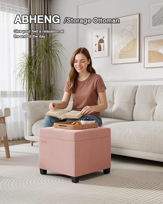 ABHENG 17.7 inches Velvet turfed Ottomans Cube with Storage, Metal-Framed Square Storage Ottoman Foot Rest Stool Holds 770 LB for Dorm Living Room Bedroom Pink UASND64P