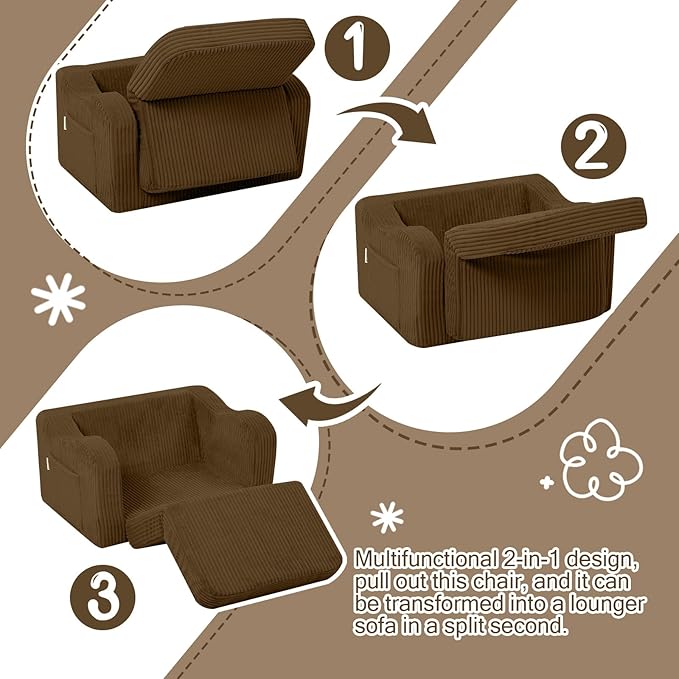 MeMoreCool Toddler Lounge & Sofa Bed Chair – Corduroy, Brown, Ages 1‑3 | 2‑in‑1 Fold‑Out Kids Couch & Pull‑Out Recliner for Playtime, Nap Time & Lounging