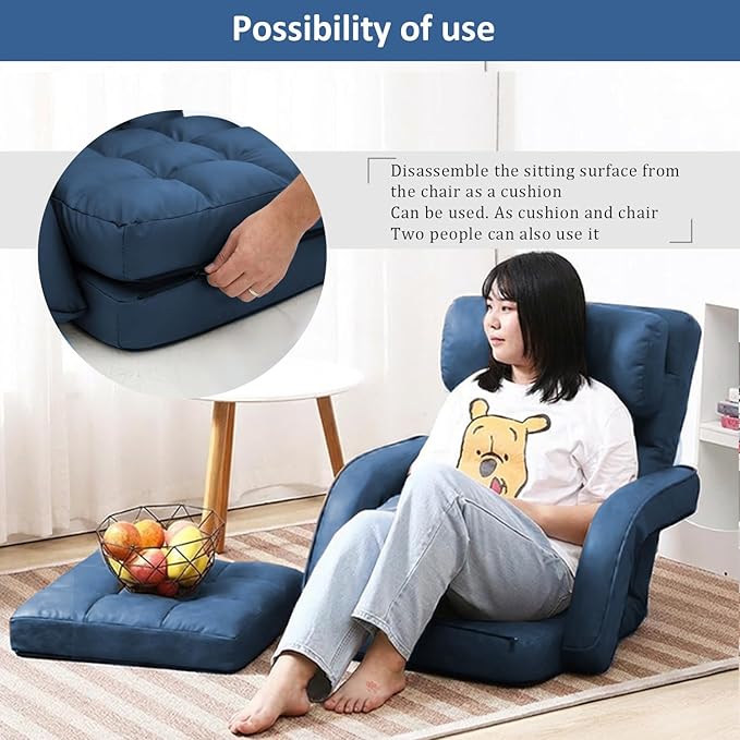 FLOGUOR 14-Position Adjustable Floor Chair, Chaise Lounge Indoor, Folding Lazy Sofa with Armrests and a Pillow Padded Adults Gaming Chairs for Living Room, Bedroom Factory Price,8803 (Blue（PU）)