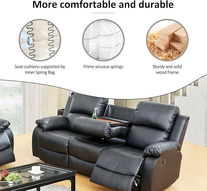 AYCP Bonded Leather Living Room Furniture Set Reclining Sofa Set Loveseat Furniture Sets in Living Room Sofa Recliners (Sofa, Black)