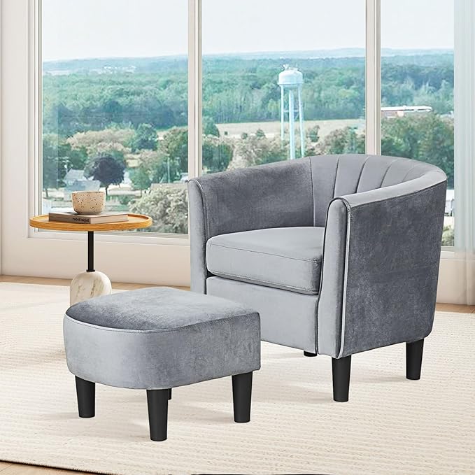 GOFLAME Accent Chair with Ottoman, Modern Velvet Fabric Barrel Chair with Footrest, Curved Backrest, Removable Seat Cushion, Upholstered Club Tub Sofa, Reading Armchair for Living Room, Bedroom, Gray