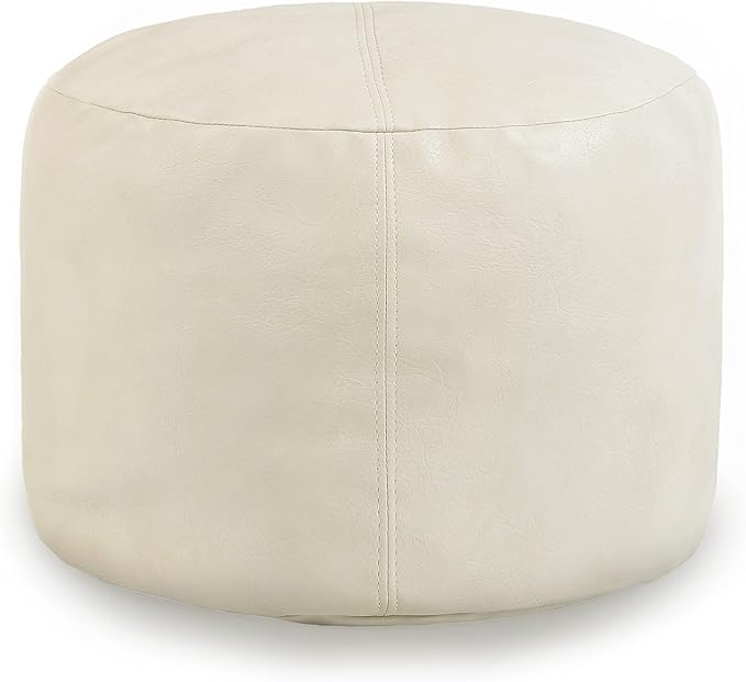 Thgonwid Unstuffed Faux Leather Pouf Cover, Handmade Footstool Ottoman Storage Solution, Floor Footrest Cushion - 16.5”Dx12”H, Ivory White