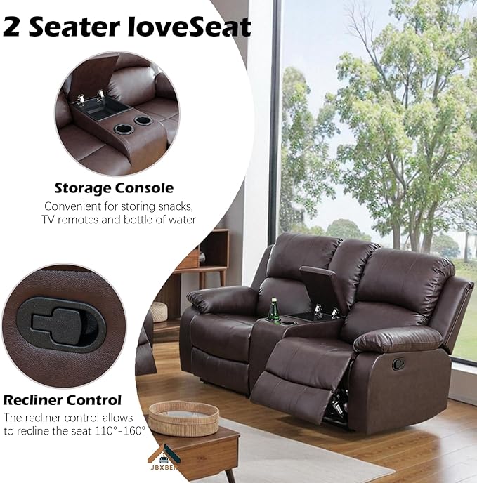 JBXBER Manual Recliner Sofa Set for Living Room, Leather Reclining Sofa Sets, Faux Leather Couch Set with Cup Holders, Drop-Down Table and Storage Console(Sofa and Loveseat,Brown)