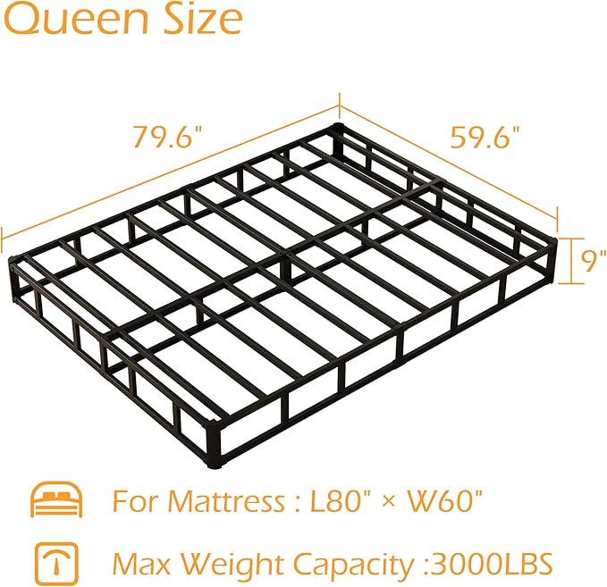 Maenizi 9 Inch Box Spring for Queen Bed, Heavy Duty Metal Box Spring Bed Base with Fabric Cover, Mattress Foundation, Easy Assembly, Noise Free, Black