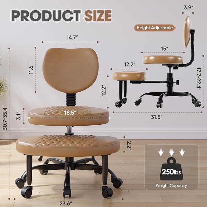 Anunweldo Cross Legged Office Chair, 360° Swivel ADHD Chairs for Adults, Height Adjustable Ergonomic Cross Legged Office Chair with Wheels, Wide Cross Legged Chair for Meditation, Yoga (Brown)