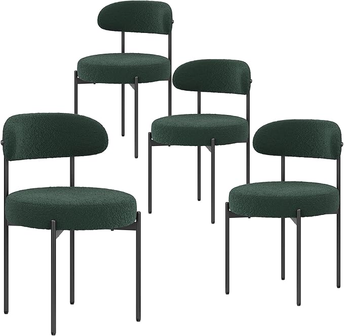 Farini Dining Chairs Set of 4,Mid-Century Modern Kitchen Chair Curved Backrest Round Upholstered Sherpa Dining Chairs with Metal Legs,Green