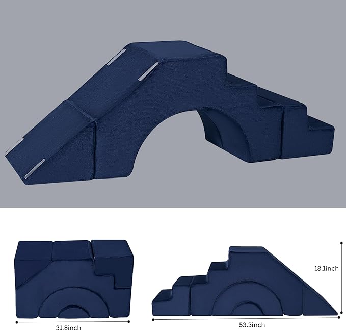 MeMoreCool Modular Kids Sofa, Foam Couch Sofa with Slide & Stair Design, Convertible Kids Couch for Playroom, Sectional Child Furniture for Bedroom Living Room, Navy