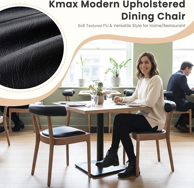 Kmax Dining Room Chairs Mid-Century Modern Leather Kitchen Chairs with Natural Walnut Finished Frame, PU Curved Back, Set of 4, PU Black
