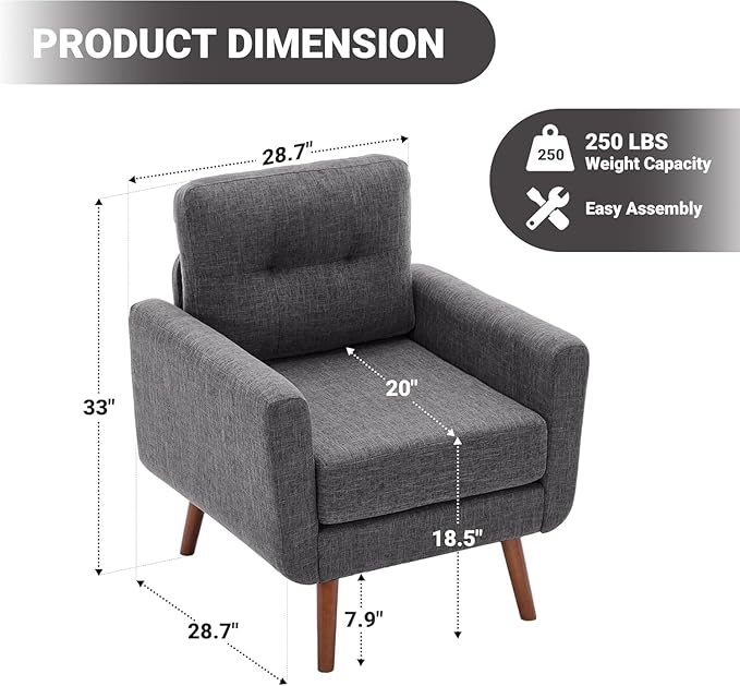 Tbfit Accent Chair, Reading Chair for Living Room & Bedroom, Mid Century Modern Arm Chair, Button Tufted Upholstered Accent Chairs Sofa with Solid Wood Frame, Grey | linen fabric, button tufted, solid wood foot, pocket spring, wood slats frame