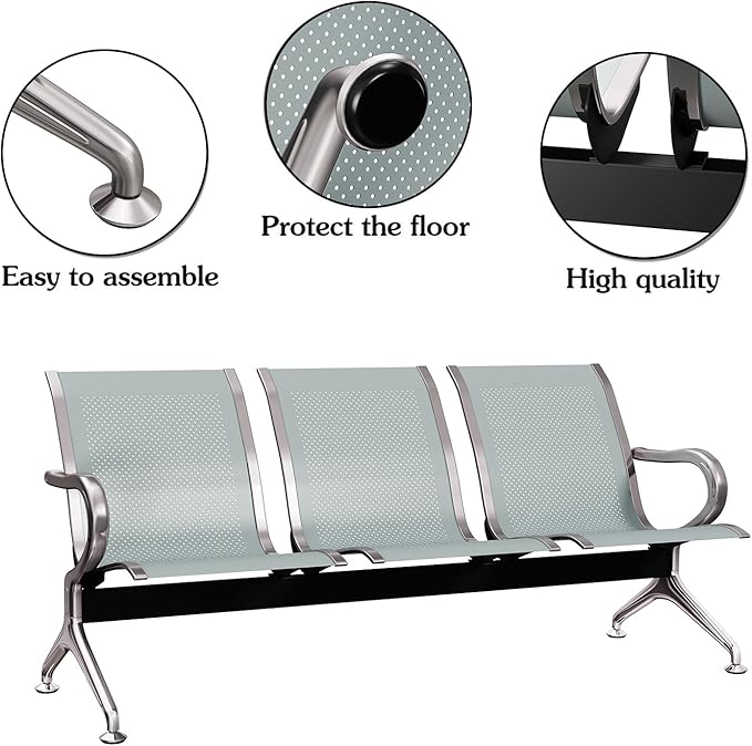 Kinsuite 3-Seat Reception Chairs - Waiting Room Chairs with Arms & Stainless Steel Frame, Waiting Room Bench Lobby Chairs for Office Airport Bank Hospital, Silver
