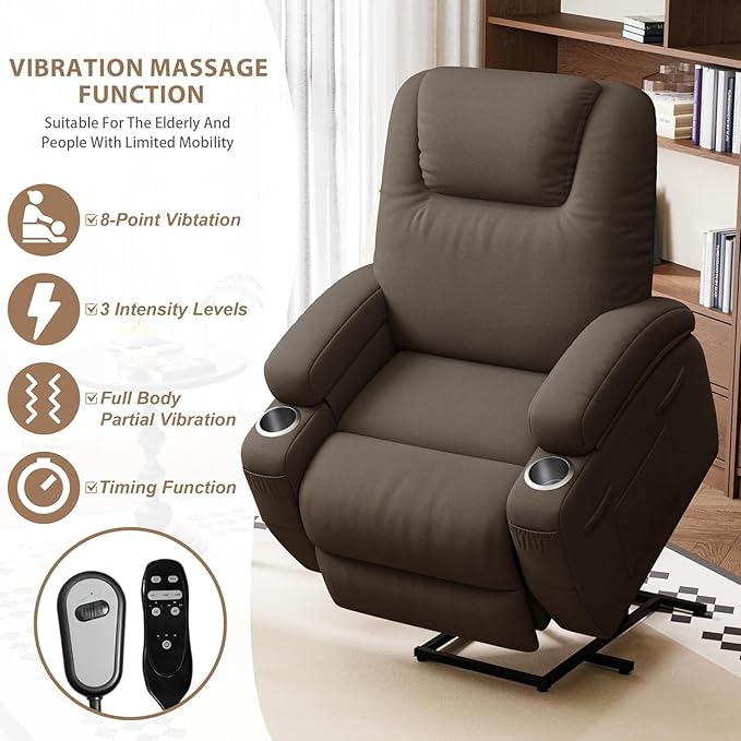 Flamaker Power Lift Chair Massage Recliner Chairs for Elderly - Ergonomic Design with Cup Holders & Side Pockets, Remote Control (Dark Brown)