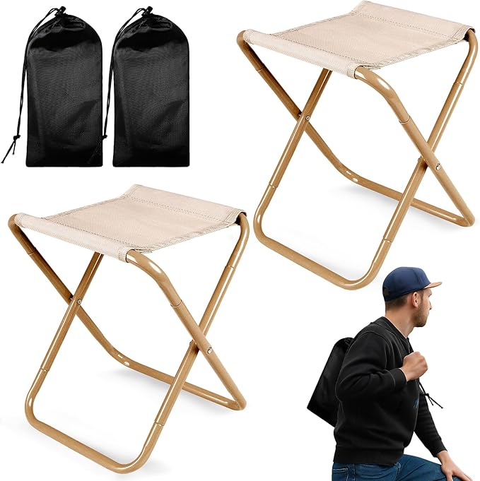 CHENEDY Camping Stool,2-Pack Portable Folding Stool with Carry Bag, 12in Portable Folding Chair Collapsible Camp Stool Outdoor Footstool for Travel Walking Hiking Fishing Picnic (Khaki(2-Pack))