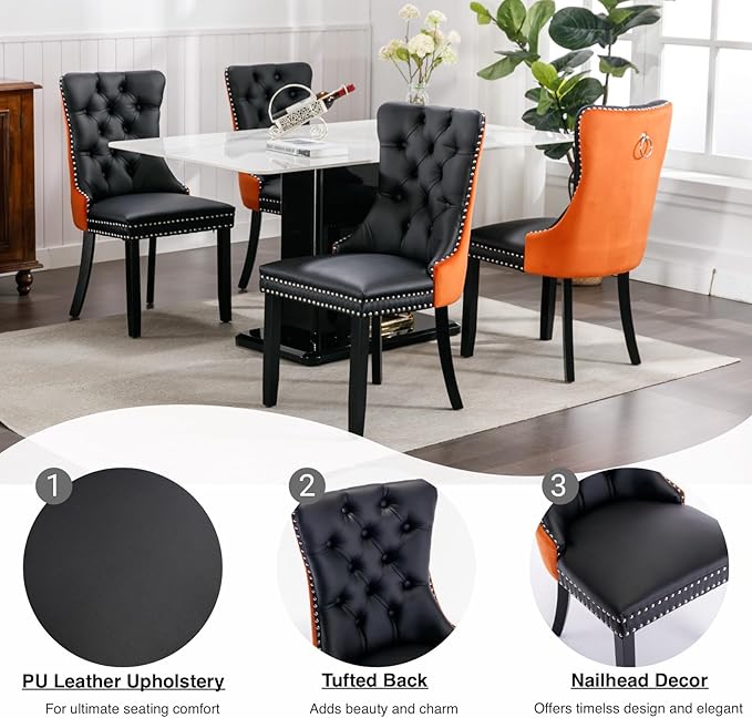 YeahFurn Modern Dining Chairs Set of 8, Tufted Upholstered Dining Room Chairs with Nailhead, PU Leather Front & Velvet Back, Solid Wood Legs, Kitchen Chairs, Sillas de Comedor (Black & Orange)