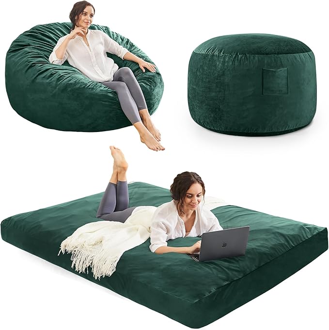 Bean Bag Chairs for Adults - Giant Bean Bag Chair Convertible Bean Bag Bed - Beanbag Chair with Micro Fiber Cover/Furniture Foam Filler - Floor Couch Sofa in Bedroom Dorm Room - Full Green