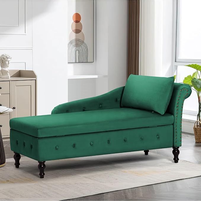 ACMEASE Chaise Lounge with Right Armrest & Lumbar Pillow,Button Tufted Lounge Sofa with Storage,Lounge Chair Indoor,Modern Upholstered Velvet Lounge Chair for Bedroom, Living Room and Office,Green