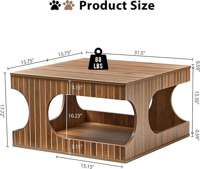 weselon 31.5" Square Coffee Table with Storage, Mid-Century Modern Center Table with Arched Cutouts and Carved Lines, 2-Tier Tea Table for Living Room, Cat-Friendly Base (Walnut)
