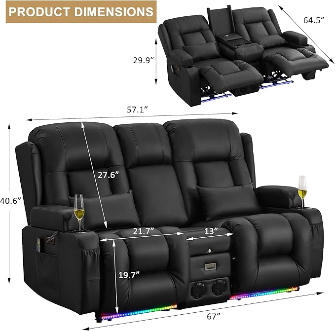 URRED Loveseat Recliner Sofa with Massage and Heat, Power Reclining Loveseat Sofa RV Couch with Console, Home Theater Seating with LED Lights, Bluetooth Speakers, USB, Outlets, Faux Leather, Black | Wall Hugger, Double Recliner, Zero Gravity, Full Body...
