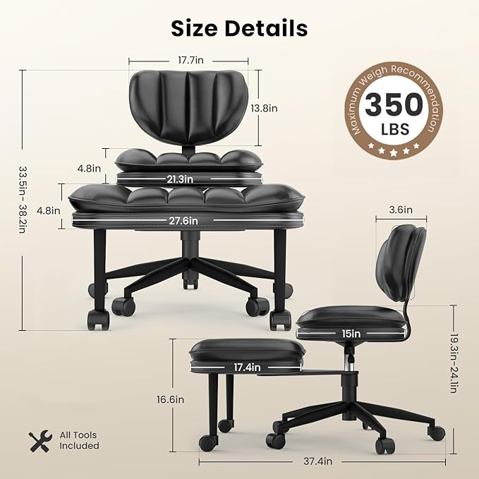 Cross Legged Office Chair, Ergonomic Cloud Criss Cross Desk Chair, Meditation Chair with Wheels, Height Adjustable Seat for ADHD, Wide Kneeling Chair with Back Support, Black