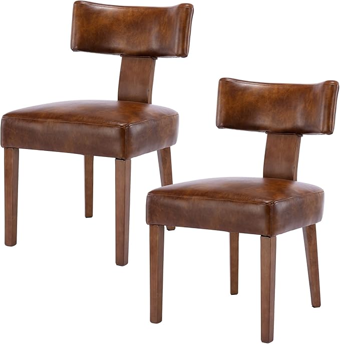RIVOVA Mid Century Modern Dining Chairs Set of 2 PU Leather Upholstered Side Chairs, Modern Kitchen Armless Parson Chairs Solid Wood Dining Chairs, Brown