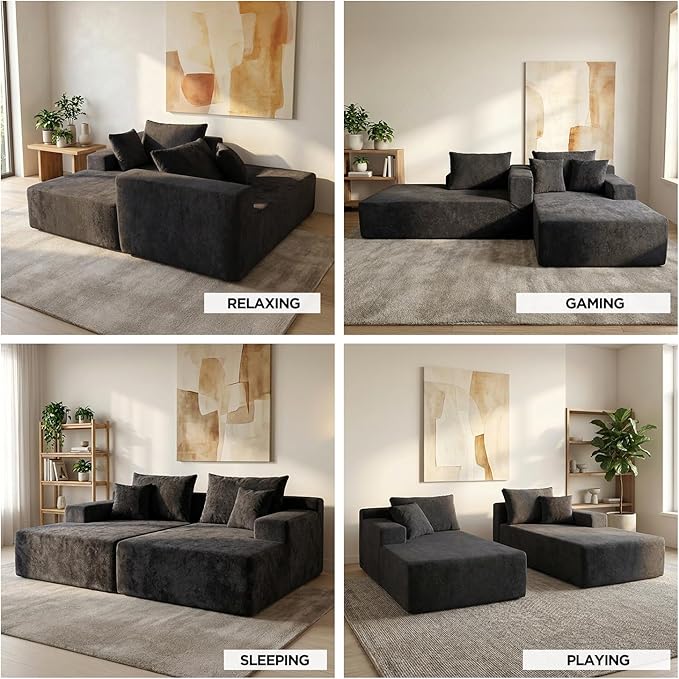 Sytopia Loveseat Chaise Lounge with Armrests, Oversized Sofa Bed with 4 Pillows, Cozy Boneless Sleeper, Modular Sectional Couch for Living Room Bedroom, Floor Chair Furniture sala Chenille, Black