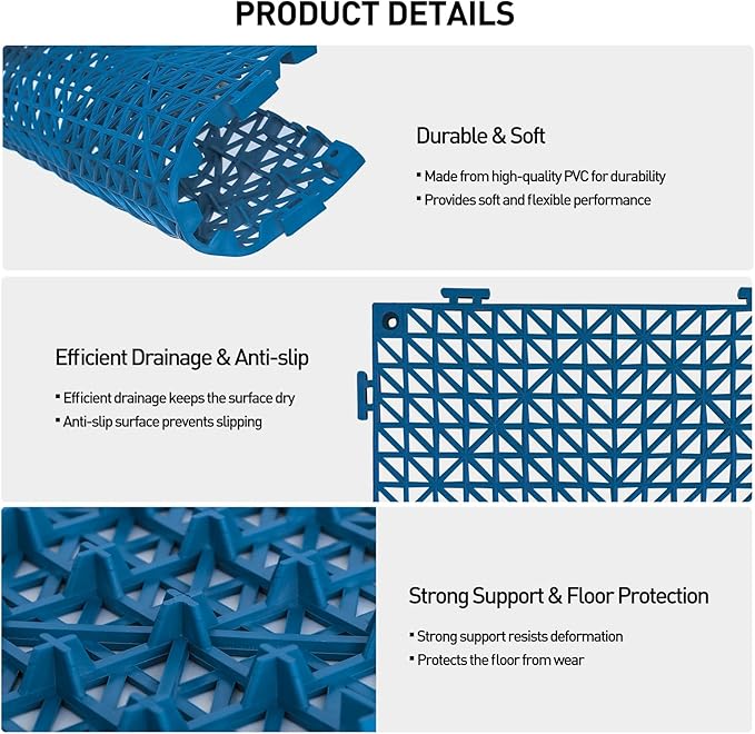 MAXWAVE 18 Pack 12" x 12" Modular Interlocking Floor Mats, Soft PVC Non-Slip Drainage Tiles, Splicing Rubber Cushion Flooring for Deck, Shower, Pool, Basement, Shed, Indoor and Outdoor Use