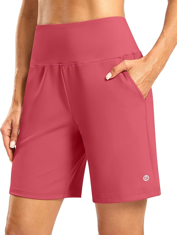 Women's Athletic Shorts with Zipper Pocket 7" High Waisted Stretchy Bermuda Shorts for Women Workout Running Casual